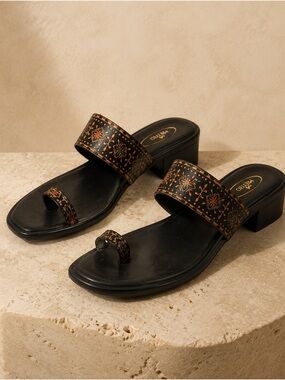 Metro Black Leather Toe-Ring Mules with Floral Accents